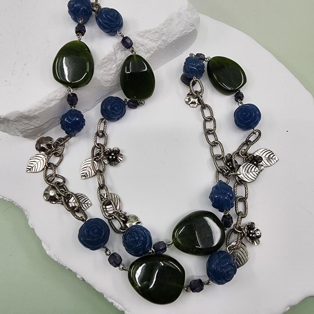 Blue Rose Green Bead Silver Tone Floral Leaf Charm Layered Statement Necklace
